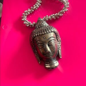 Antique Silver Buddha Head Pendant Necklace - Silver